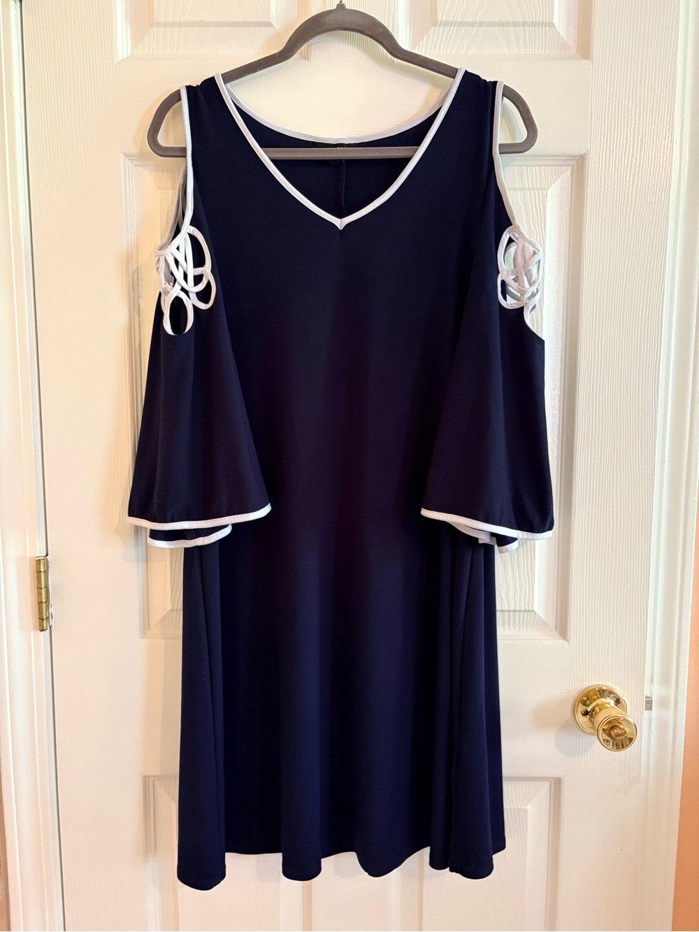 MSK Cutout Shoulder Navy Dress with white Trim